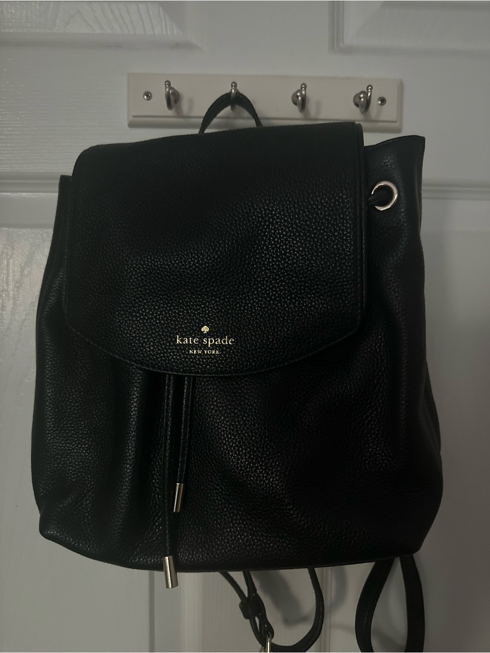 Kate Spade Black Pebbled Leather Drawstring Backpack w